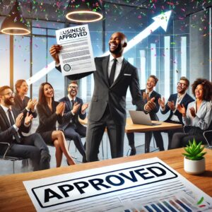 Guy in room full of people while he is holding business credit approval letter.