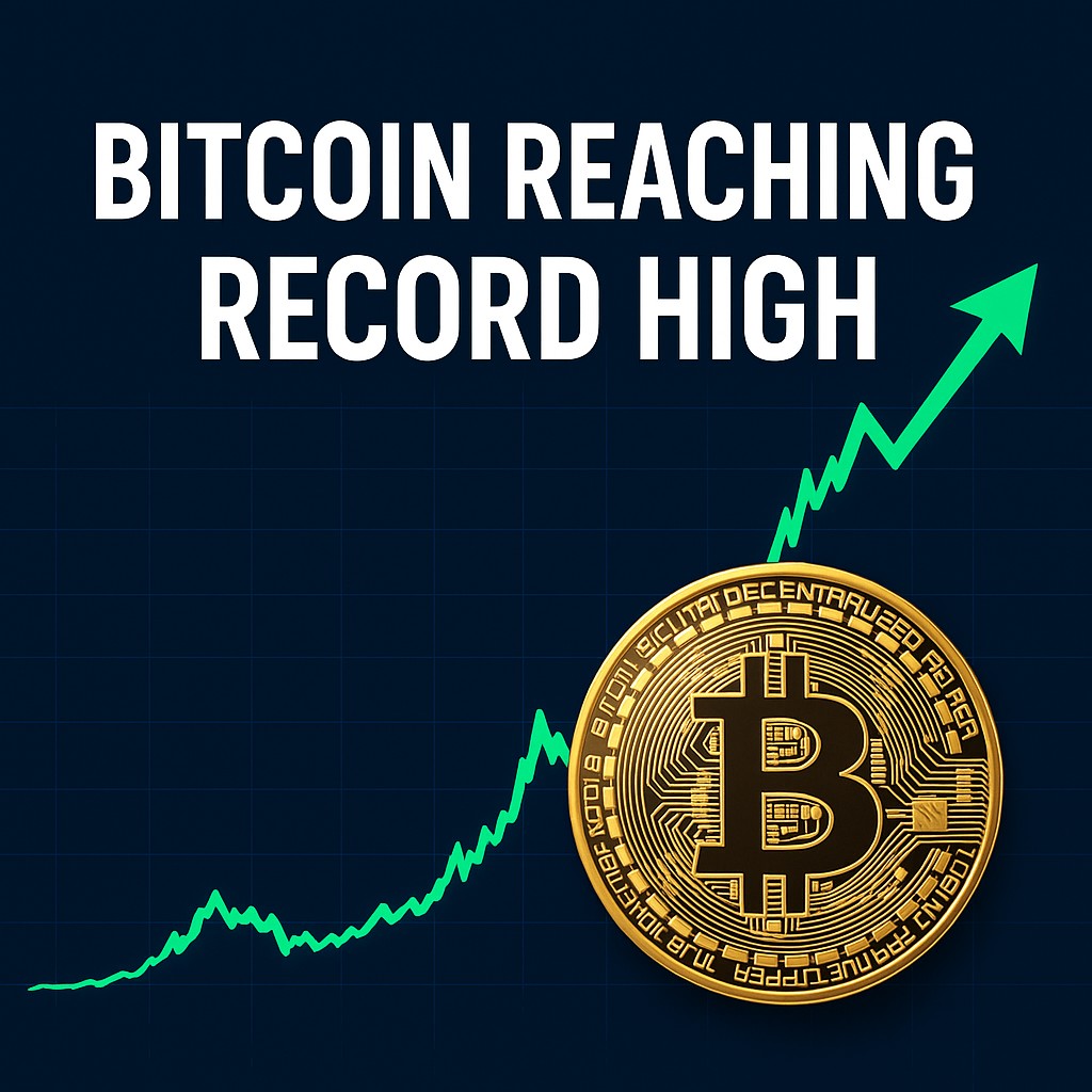 Bitcoin reaching record high with gold Bitcoin coin and upward trending green line chart on dark blue background