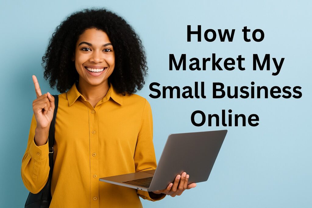 Professional business consultant holding a laptop and smiling while pointing upward, symbolizing online marketing strategies for small businesses.