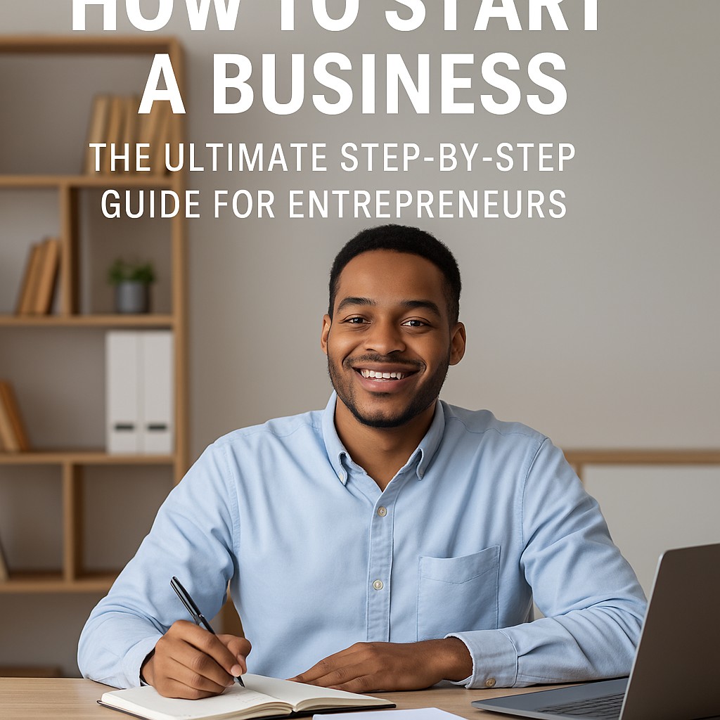 "Smiling entrepreneur in a modern office setting with text overlay 'How to Start a Business – The Ultimate Step-by-Step Guide for Entrepreneurs' promoting YMA Financial."