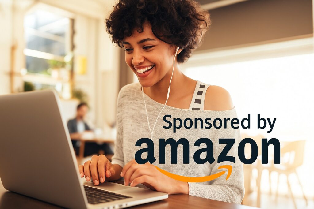 "Smiling woman working on a laptop in a café setting, symbolizing self-publishing success through Amazon Kindle Direct Publishing (KDP), with promotional branding for YMA Financial."