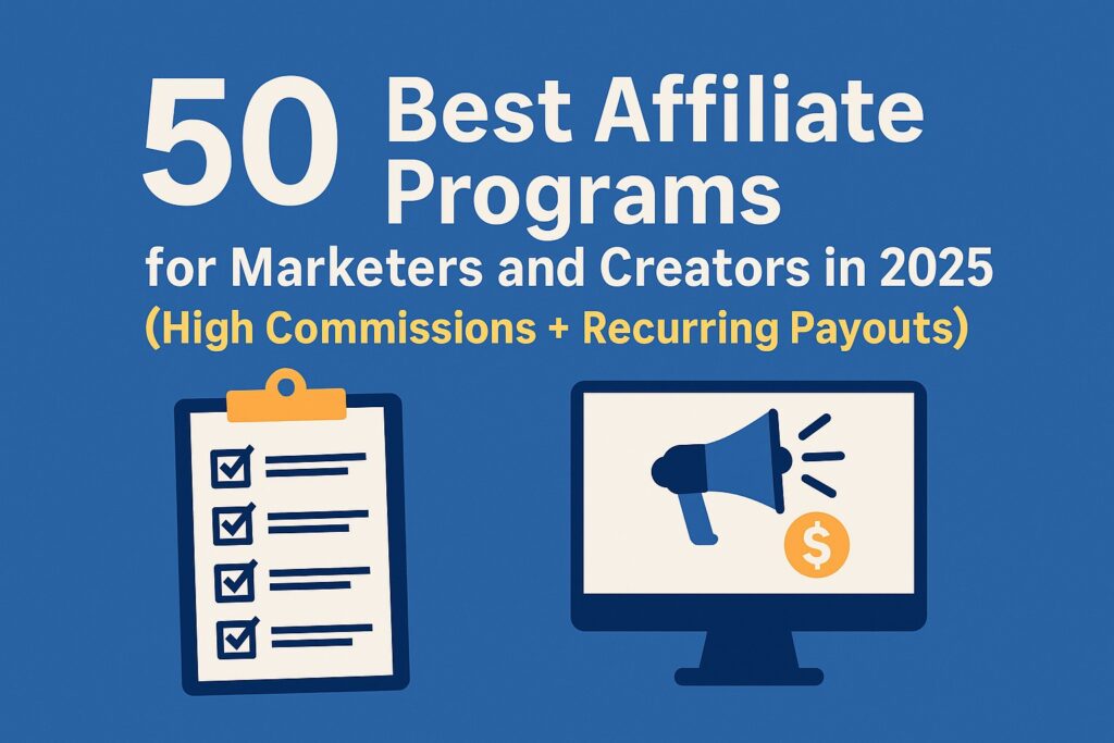 Blog banner reading “50 Best Affiliate Programs for Marketers and Creators in 2025 (High Commissions + Recurring Payouts)” with a checklist clipboard and computer monitor showing a megaphone and dollar symbol.