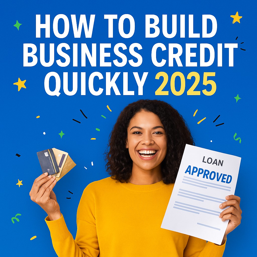 Smiling professional holding credit cards and approved loan paperwork with bold text “How to Build Business Credit Quickly 2025” on a blue background.