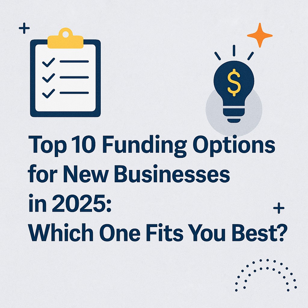 Professional blog banner with the title “Top 10 Funding Options for New Businesses in 2025: Which One Fits You Best?” on a clean light gray textured background, featuring icons of a checklist and a lightbulb with a dollar sign.