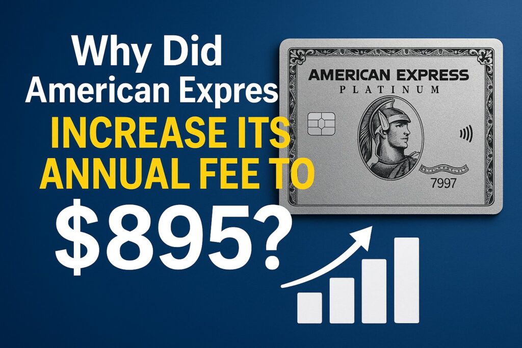 American Express Platinum Card next to rising financial bar graph with text ‘Why Did American Express Increase Its Annual Fee to $895?’ — financial blog banner about Amex annual fee increase explained.