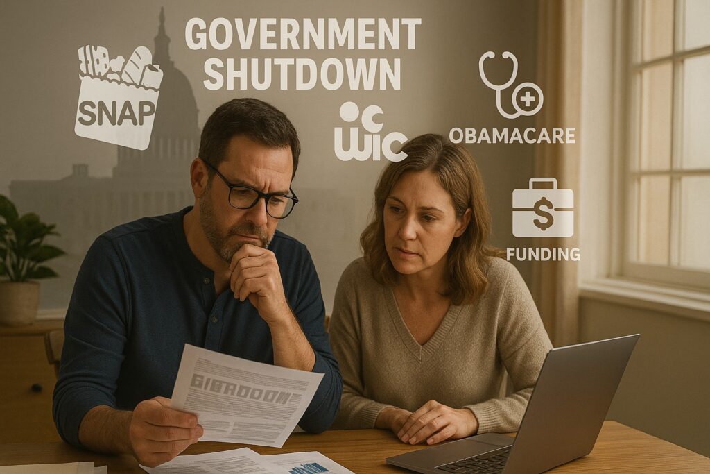 Small business couple reviewing financial papers and laptop during government shutdown, with icons for SNAP, WIC, Obamacare, and business funding, and “Government Shutdown” headline above.
