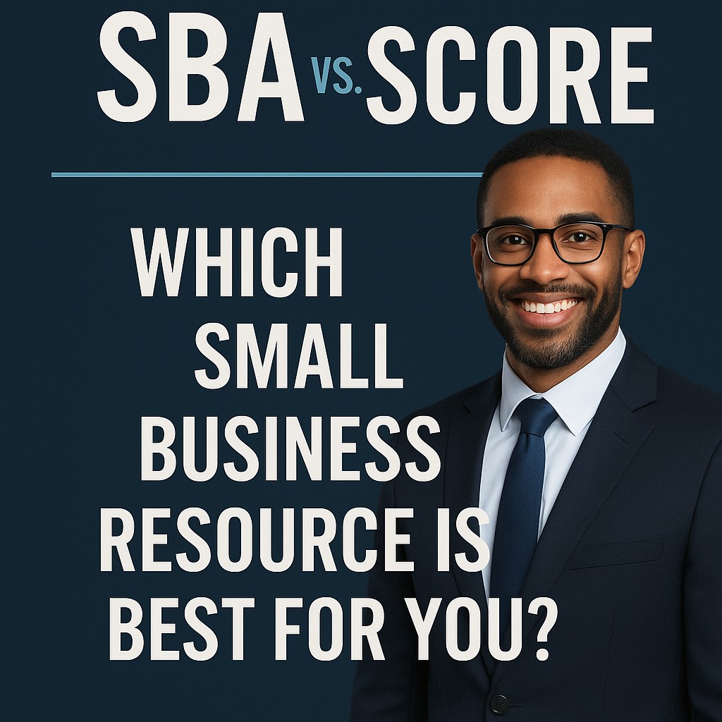 Professional SEO banner showing a smiling entrepreneur in a navy suit beside the text “SBA vs. SCORE: Which Small Business Resource Is Best for You?