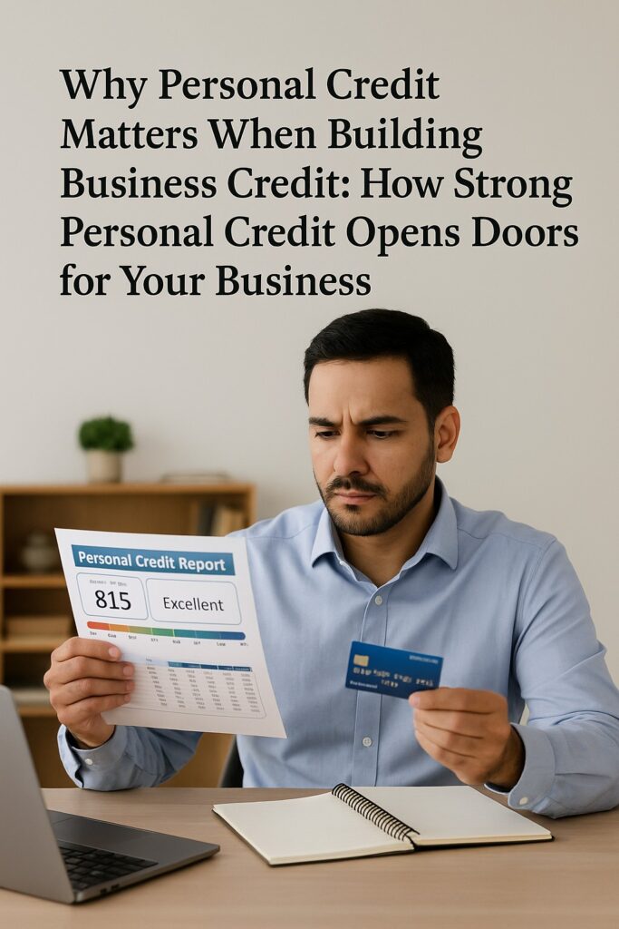 Entrepreneur reviewing a personal credit report with a score of 815 while holding a credit card, sitting at a modern desk with laptop and notebook, representing how strong personal credit supports business growth.