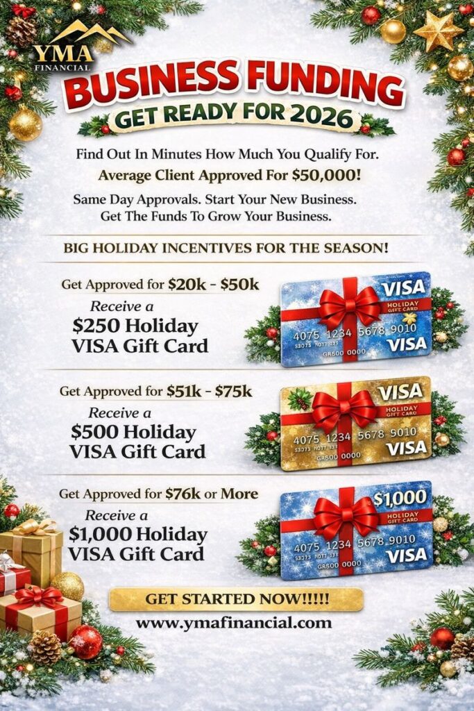 Holiday business funding flyer from YMA Financial offering same-day approvals and Visa gift card incentives up to $1,000 for 2026.