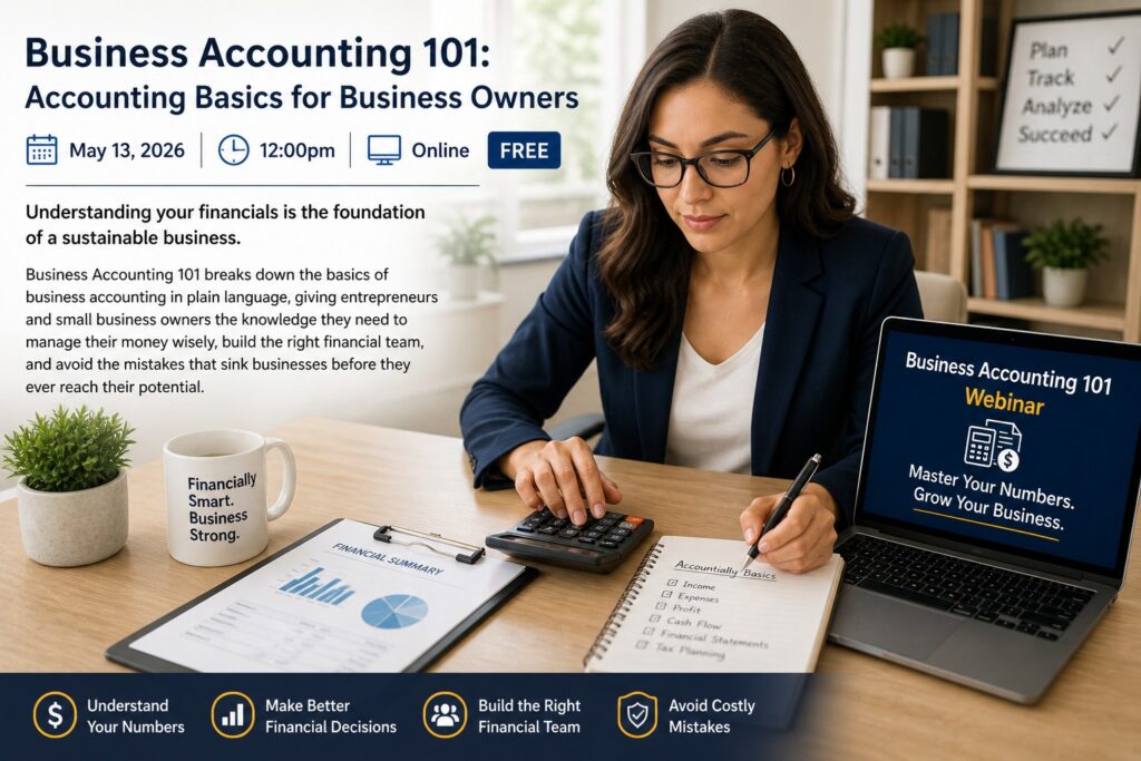 Professional business owner reviewing financial statements and using calculator while attending Business Accounting 101 webinar on laptop in modern office