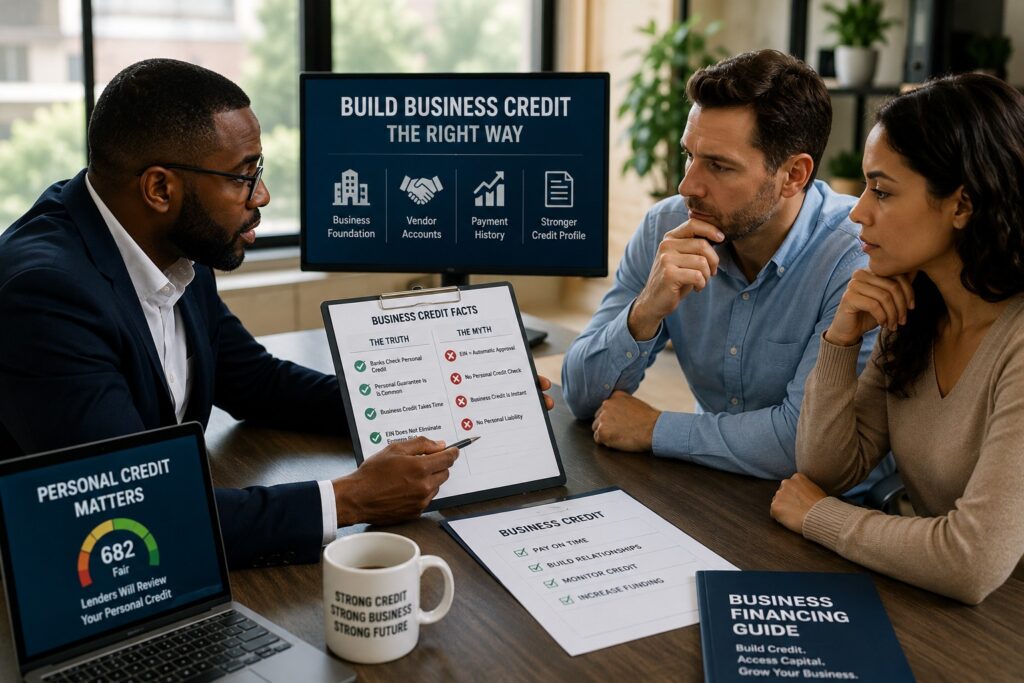 Business consultant explaining the truth about building business credit without using a Social Security Number to entrepreneurs during a professional financial meeting.