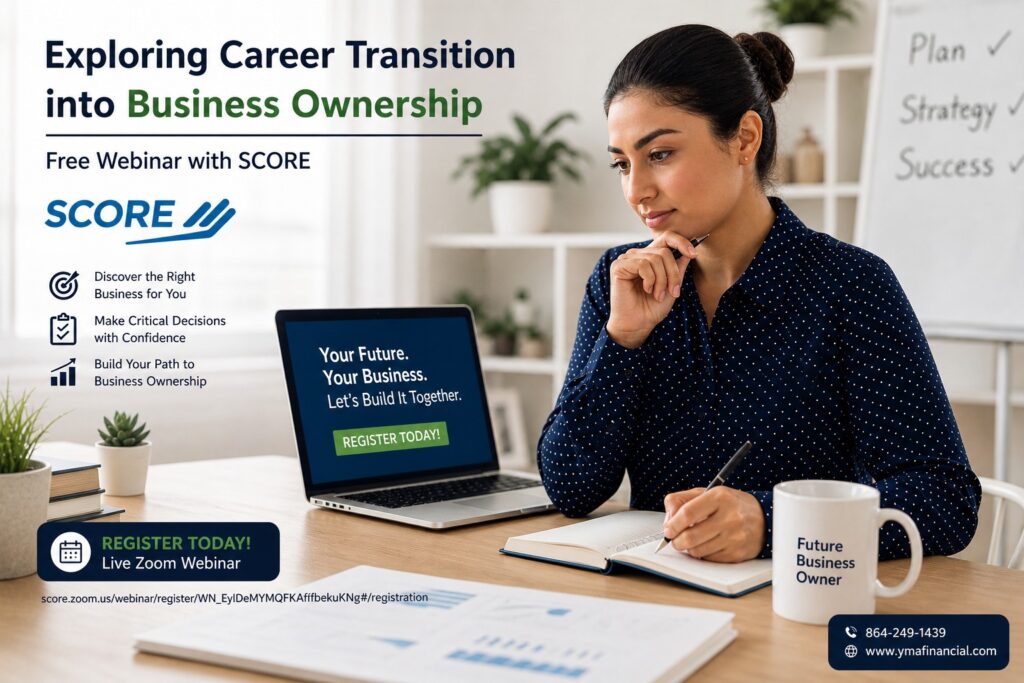 Professional woman planning career transition into business ownership while viewing SCORE webinar on laptop in modern office workspace