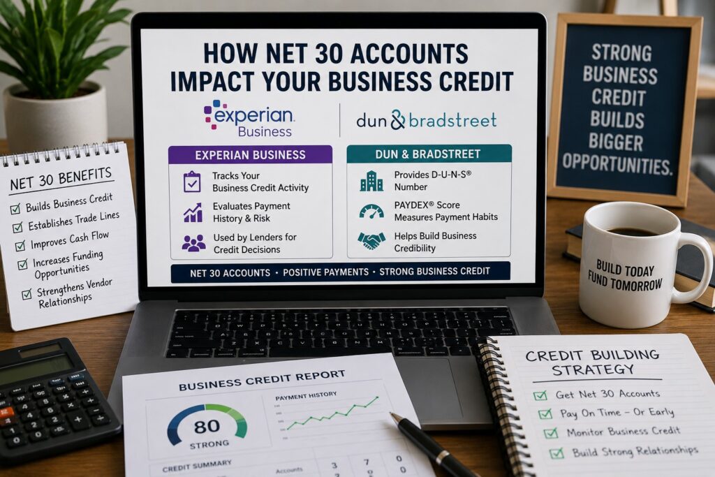 Business credit dashboard showing how Net 30 vendor accounts impact Experian Business and Dun & Bradstreet scores on a modern office workspace.