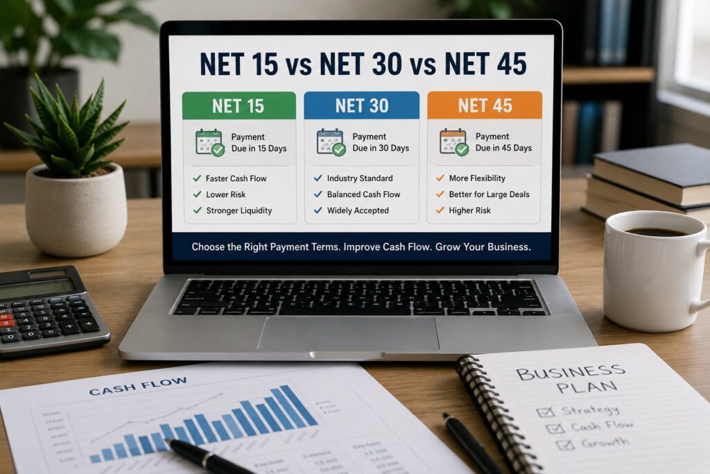 Laptop displaying a comparison of Net 15, Net 30, and Net 45 payment terms on a business office desk with cash flow reports and financial planning materials.