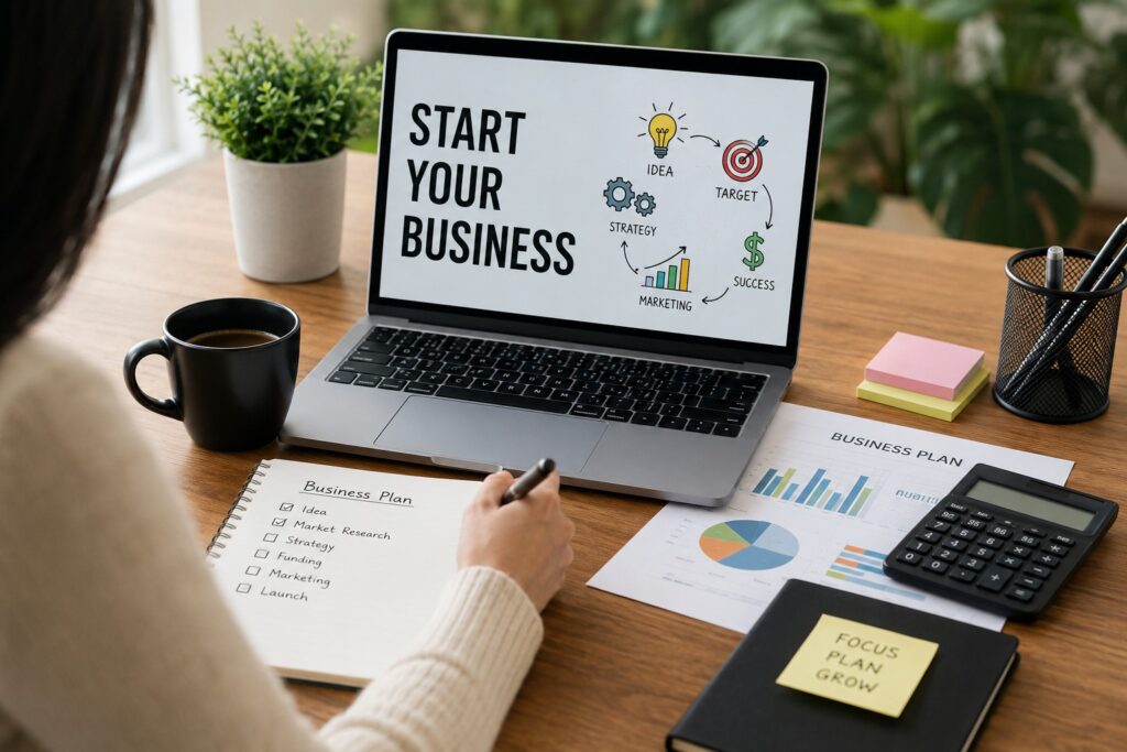Entrepreneur creating a business plan in a modern office workspace while researching how to start a business in 2026 using financial planning documents and startup strategy tools