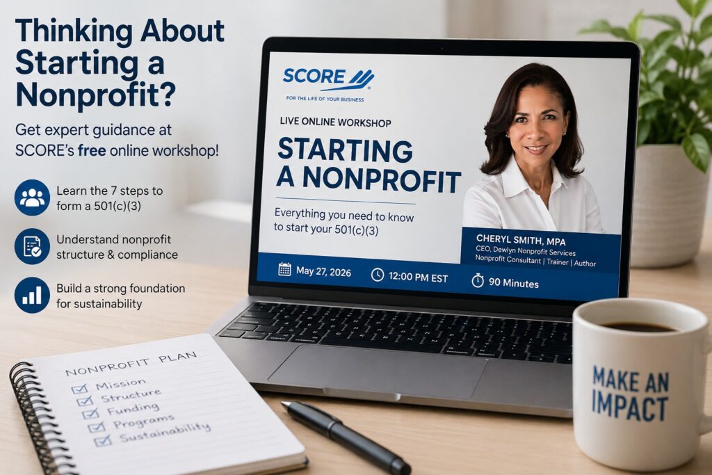 Laptop displaying a SCORE online workshop about starting a nonprofit organization, featuring Cheryl Smith, MPA, with nonprofit planning materials on a professional office desk