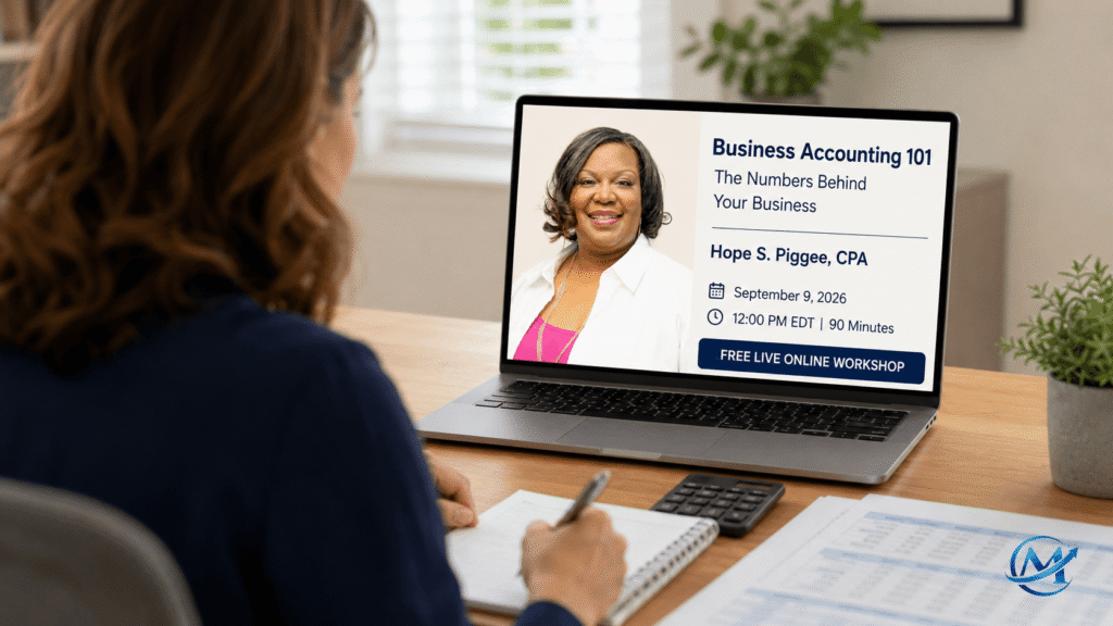 Laptop showing Hope S. Piggee, CPA, and the Business Accounting 101 workshop announcement for September 9, 2026.