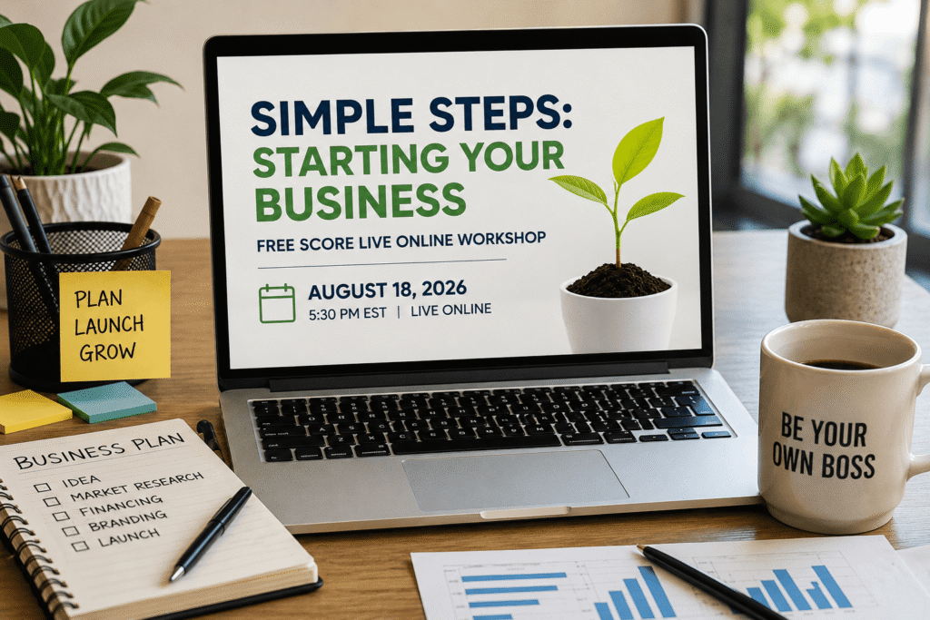 Professional workspace promoting the Simple Steps: Starting Your Business FREE SCORE live online workshop with business planning materials, laptop webinar, and entrepreneurship resources.
