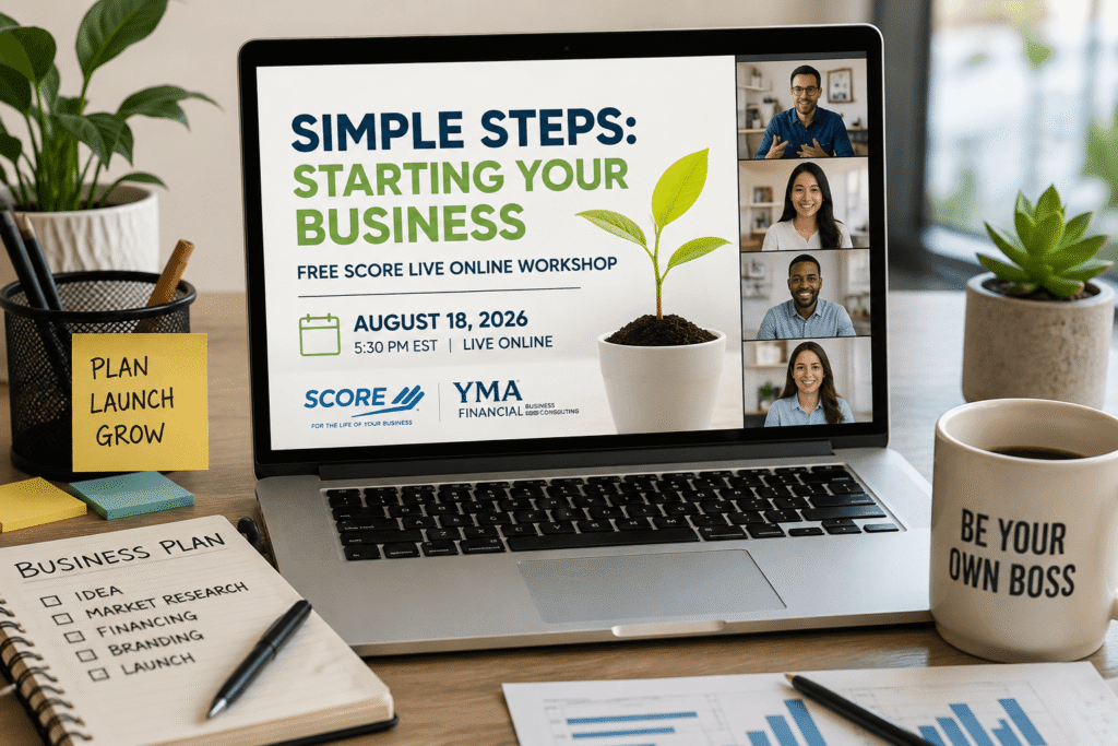 Professional workspace promoting the Simple Steps: Starting Your Business FREE SCORE live online workshop with business planning materials, laptop webinar, and entrepreneurship resources.