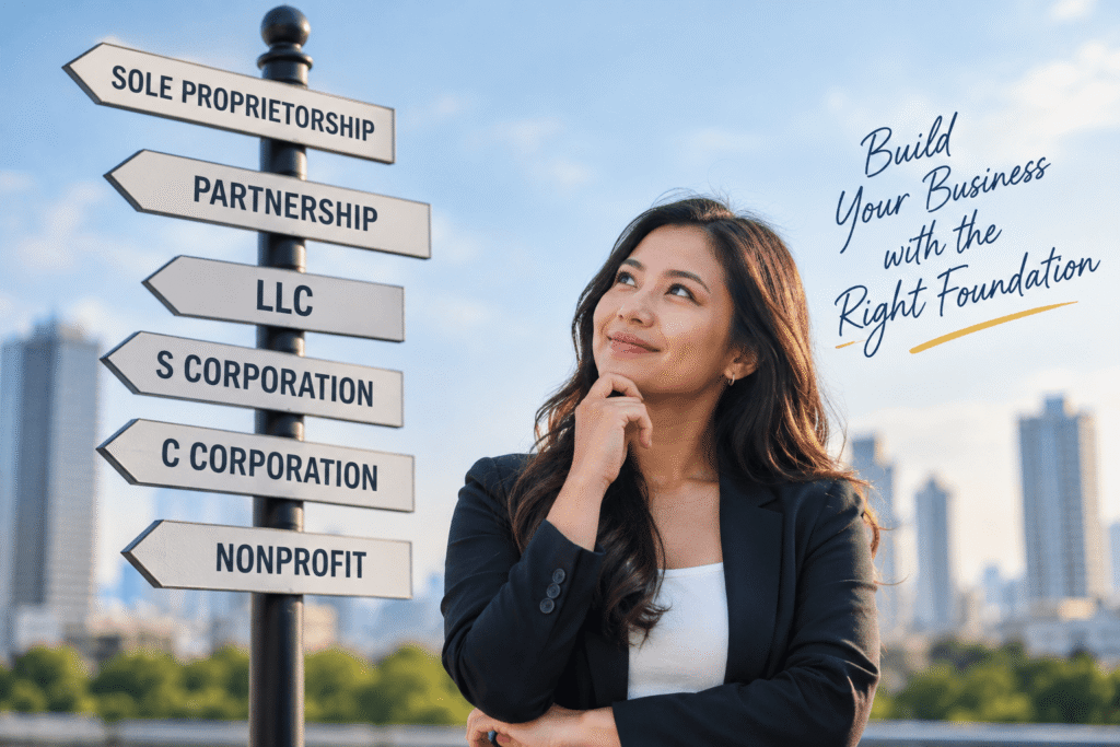 Small business owner comparing sole proprietorship, partnership, LLC, S corporation, C corporation, and nonprofit business structures
