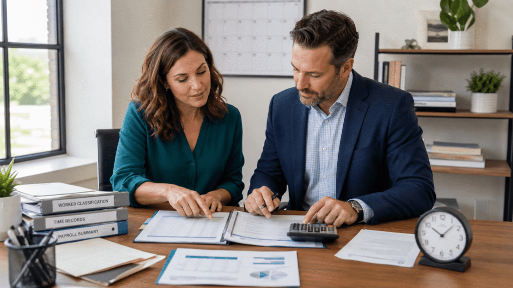 Small-business owner and accounting professional reviewing payroll records, worker classifications, and FLSA compliance documents.