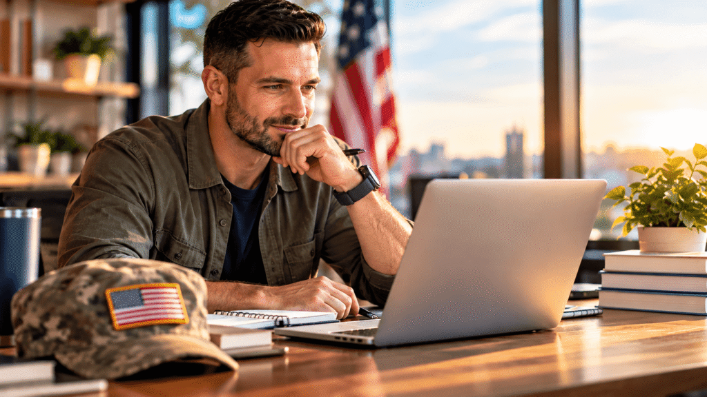 Veteran entrepreneur working on a laptop in a home office, exploring business opportunities and resources for veteran entrepreneurs.